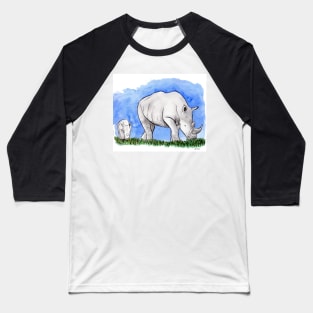 Rhinoceros with baby calf watercolor and ink illustration Baseball T-Shirt